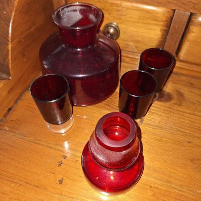 Ruby Red Decanter w/ 3 cups