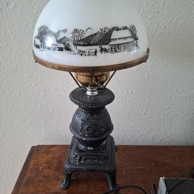 Currier and Ives "Potbelly Stove Milk glass lamp"