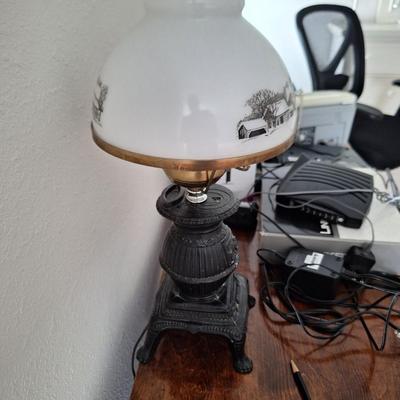 Currier and Ives "Potbelly Stove Milk glass lamp"