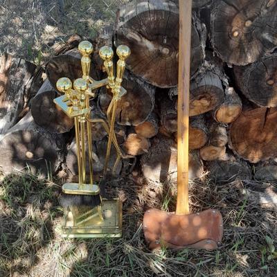 Lots of Firewood with a nice double-sided Axe to split it with and a fireplace tool set