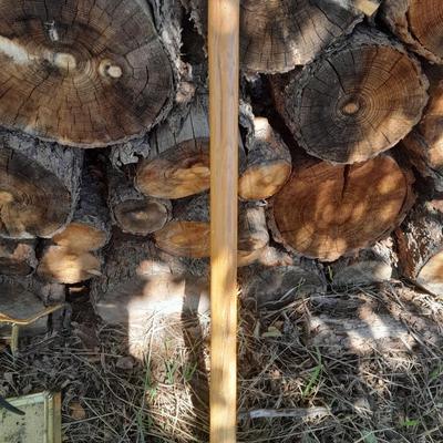 Lots of Firewood with a nice double-sided Axe to split it with and a fireplace tool set