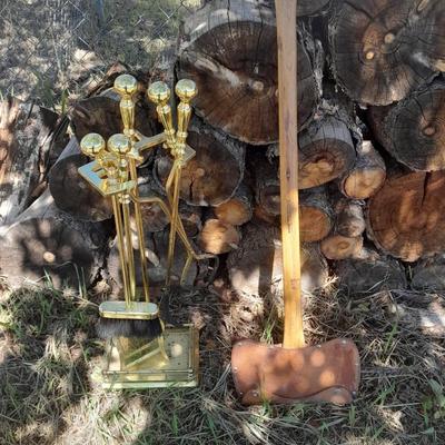 Lots of Firewood with a nice double-sided Axe to split it with and a fireplace tool set