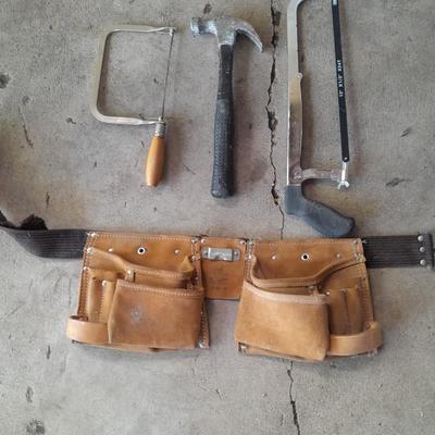Leather tool bag with Hammer and saws