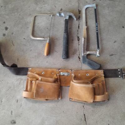 Leather tool bag with Hammer and saws
