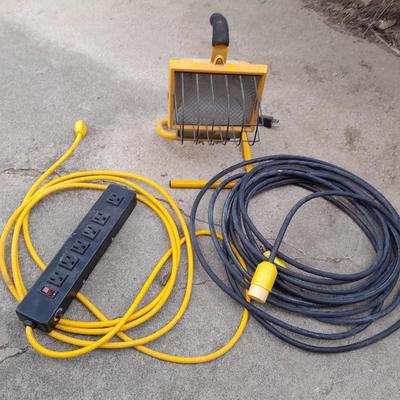 Work light with extension cord and Surge protector power bar