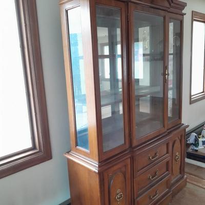 Nice small Bassett light up two-piece China hutch with glass shelves
