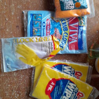 Home Depot bucket full of cleaning supplies - New Clorox wipes - Mr. Clean - rags and more