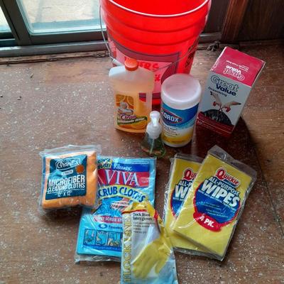 Home Depot bucket full of cleaning supplies - New Clorox wipes - Mr. Clean - rags and more