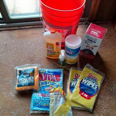 Home Depot bucket full of cleaning supplies - New Clorox wipes - Mr. Clean - rags and more