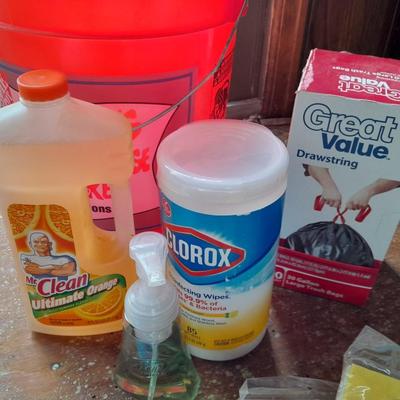 Home Depot bucket full of cleaning supplies - New Clorox wipes - Mr. Clean - rags and more