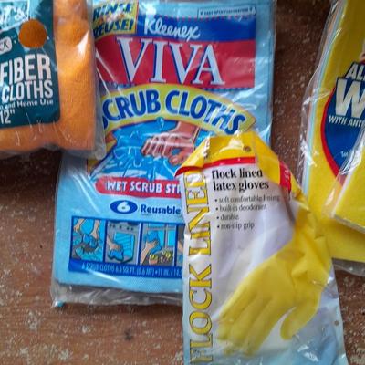 Home Depot bucket full of cleaning supplies - New Clorox wipes - Mr. Clean - rags and more