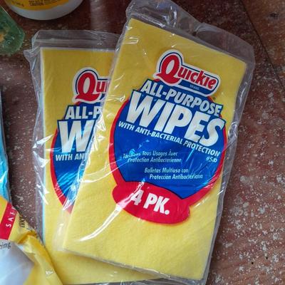 Home Depot bucket full of cleaning supplies - New Clorox wipes - Mr. Clean - rags and more