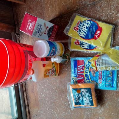 Home Depot bucket full of cleaning supplies - New Clorox wipes - Mr. Clean - rags and more