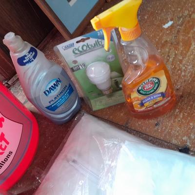 Home Depot bucket with cleaning supplies - Disposable Coveralls - Trash bags - light - Dawn and more