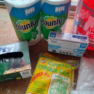 Home Depot bucket with cleaning supplies - Disposable Coveralls - Trash bags - light - Dawn and more