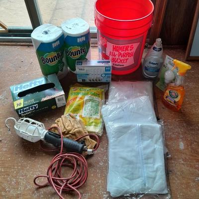 Home Depot bucket with cleaning supplies - Disposable Coveralls - Trash bags - light - Dawn and more