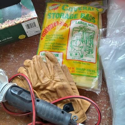 Home Depot bucket with cleaning supplies - Disposable Coveralls - Trash bags - light - Dawn and more