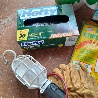 Home Depot bucket with cleaning supplies - Disposable Coveralls - Trash bags - light - Dawn and more