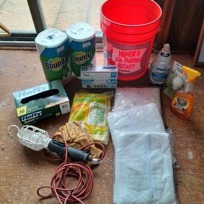 Home Depot bucket with cleaning supplies - Disposable Coveralls - Trash bags - light - Dawn and more