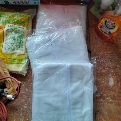 Home Depot bucket with cleaning supplies - Disposable Coveralls - Trash bags - light - Dawn and more