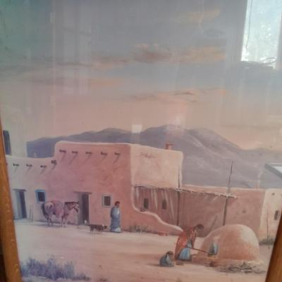 Large Southwestern Native American Life Navajo Village Painting Print Artist Signed M. Caroselli