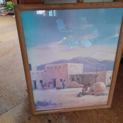 Large Southwestern Native American Life Navajo Village Painting Print Artist Signed M. Caroselli