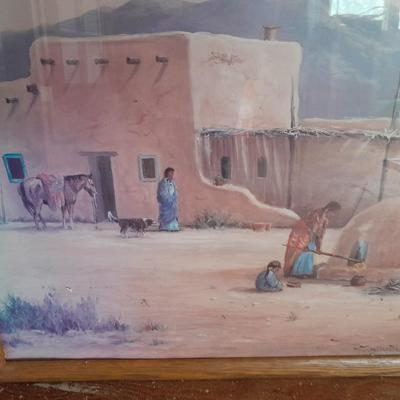 Large Southwestern Native American Life Navajo Village Painting Print Artist Signed M. Caroselli