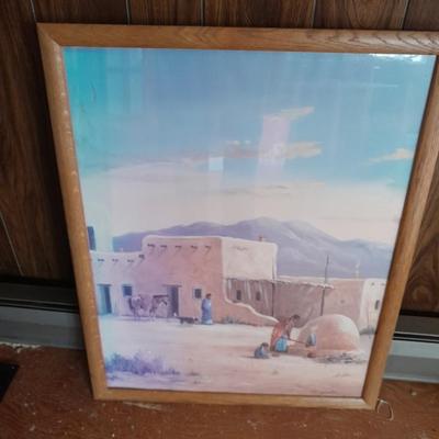 Large Southwestern Native American Life Navajo Village Painting Print Artist Signed M. Caroselli