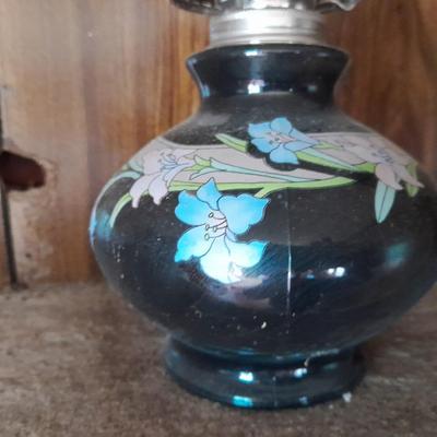 Vintage Kaadan LTD Black Floral Design Glass Oil Lamp 15.5"- Great for when the power goes out!