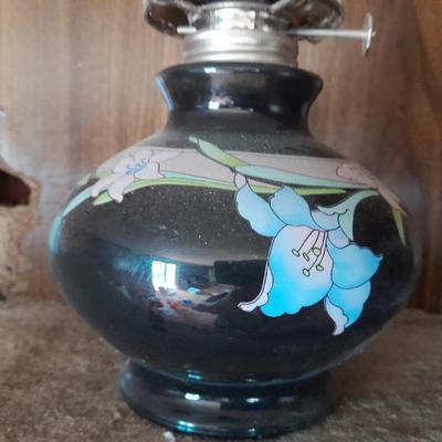 Vintage Kaadan LTD Black Floral Design Glass Oil Lamp 15.5"- Great for when the power goes out!