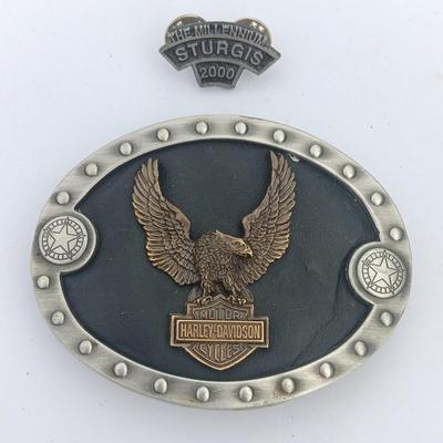 Harley Davidson Belt Buckle and a 2000 Sturgis pin