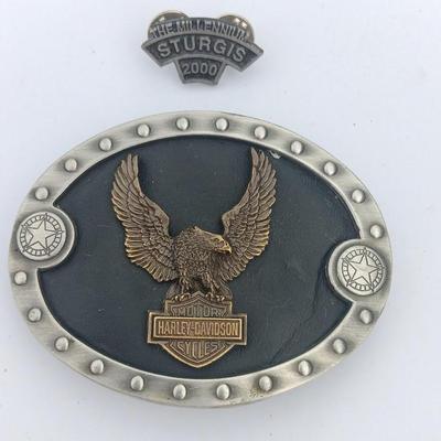 Harley Davidson Belt Buckle and a 2000 Sturgis pin