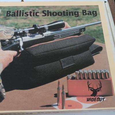 Old new stock Window mount gun rack and a Ballistic shooting bag with gun cleaning items