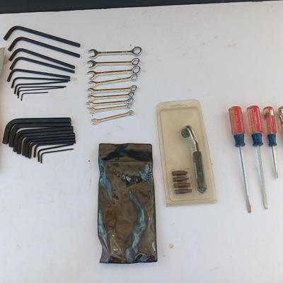Assortment of little handheld tools - small wrenches - screwdrivers and an Allen wrench set