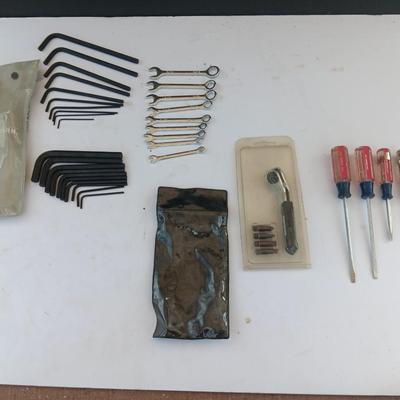 Assortment of little handheld tools - small wrenches - screwdrivers and an Allen wrench set