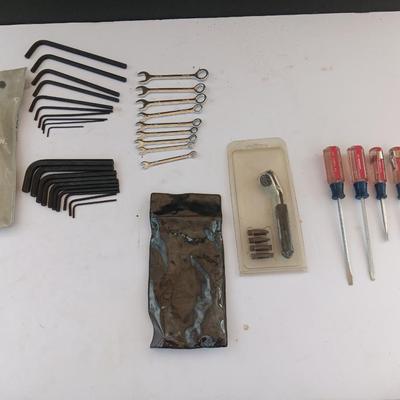Assortment of little handheld tools - small wrenches - screwdrivers and an Allen wrench set