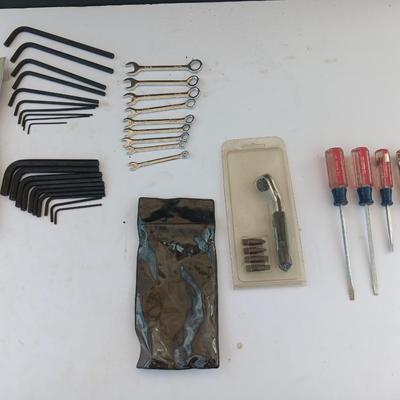 Assortment of little handheld tools - small wrenches - screwdrivers and an Allen wrench set