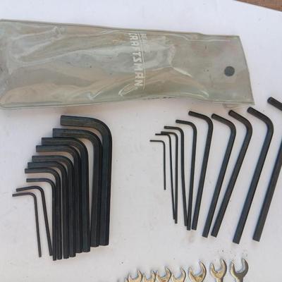 Assortment of little handheld tools - small wrenches - screwdrivers and an Allen wrench set