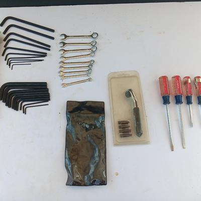Assortment of little handheld tools - small wrenches - screwdrivers and an Allen wrench set