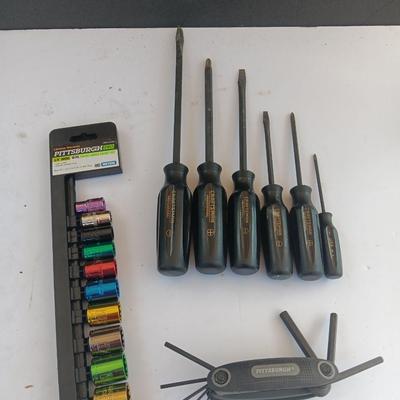 New Pitsburgh socket set with hex key set and Craftsman screwdrivers