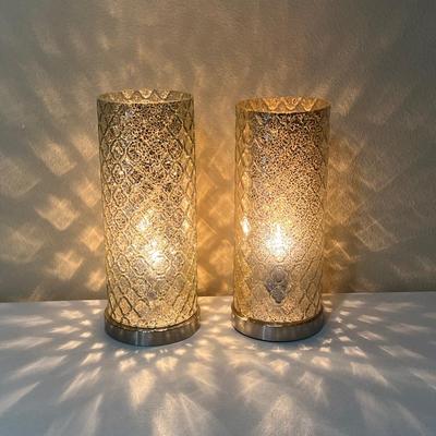 Pair (2) Glass Table Lamps With Mercury Finish & Embossed Trellis Pattern