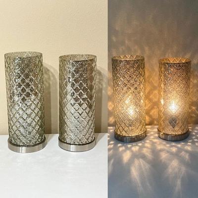 Pair (2) Glass Table Lamps With Mercury Finish & Embossed Trellis Pattern