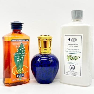 LAMP BERGER ~ St. Clement Cobalt Blue & Black Porcelain Lamp With Two (2) Fragrances Bottles