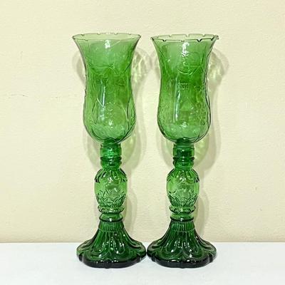 EMPOLI ~ Vtg. Pair (2) Green Glass Hurricane Candles ~* Read Details