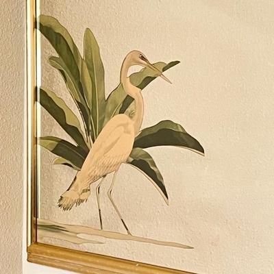 Vtg. Gold Wood Framed Mirror With Egret Painting