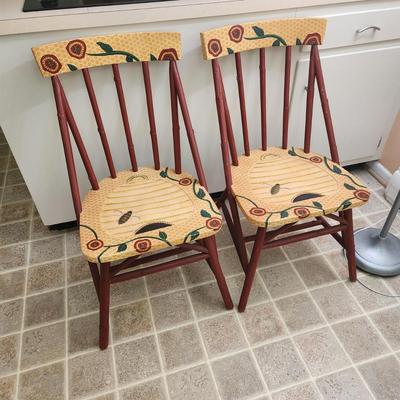 2 Carol Endres Bee Home Palecek Folk Art Painted Chairs