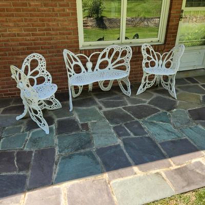 3 piece Flowerhouses Butterfly Cast Metal Patio Set 2 chairs 1 Bench