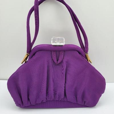 1950's Purple Satin Handbag Clear Lucite Clasp