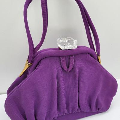 1950's Purple Satin Handbag Clear Lucite Clasp
