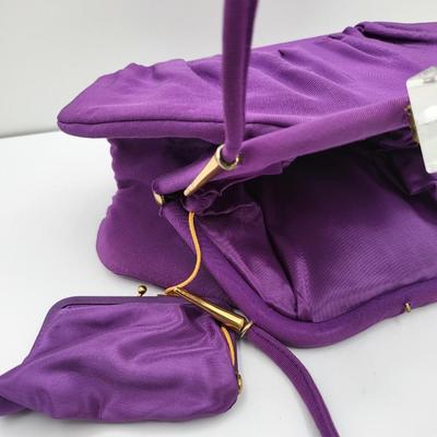 1950's Purple Satin Handbag Clear Lucite Clasp